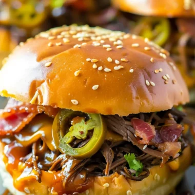 A plate of slow cooker cowboy sandwiches, topped with BBQ sauce and pickles.