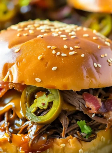 A plate of slow cooker cowboy sandwiches, topped with BBQ sauce and pickles.
