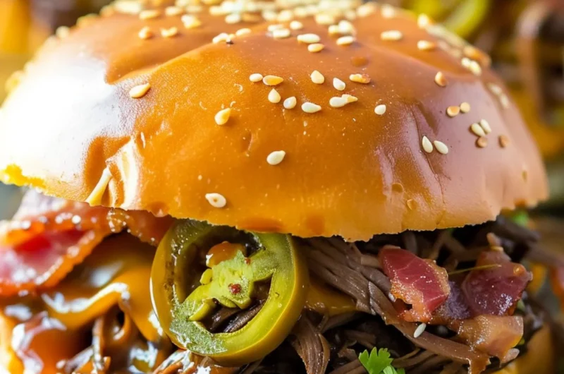 A plate of slow cooker cowboy sandwiches, topped with BBQ sauce and pickles.