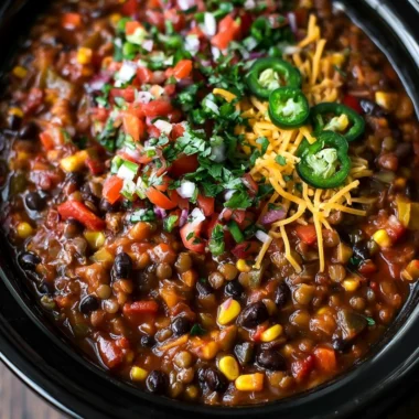 Bowl of Slow Cooker Lentil Taco Chili topped with fresh cilantro and avocado