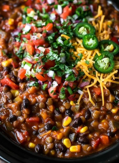 Bowl of Slow Cooker Lentil Taco Chili topped with fresh cilantro and avocado