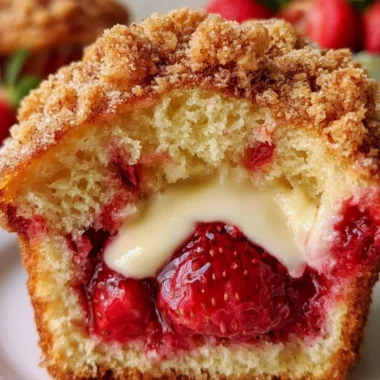 Strawberry muffins with cream cheese filling on a rustic wooden table