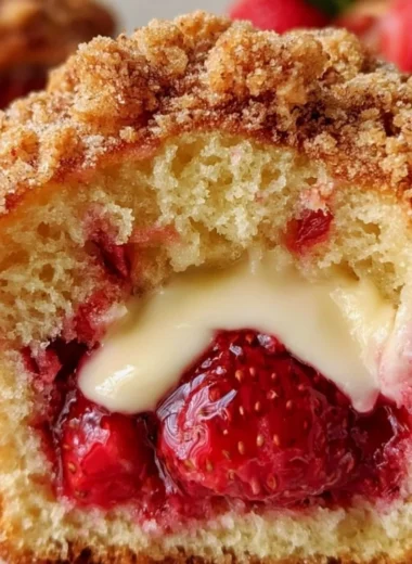 Strawberry muffins with cream cheese filling on a rustic wooden table