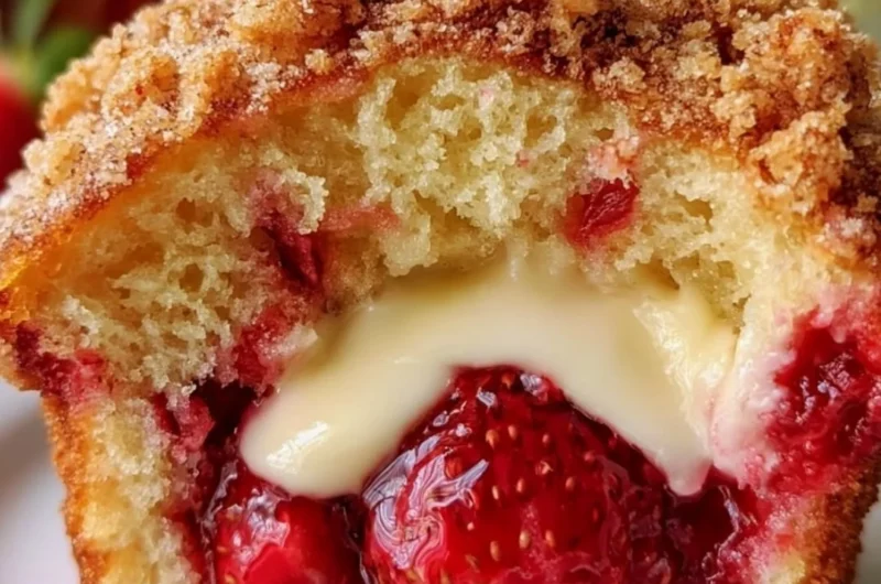 Strawberry muffins with cream cheese filling on a rustic wooden table
