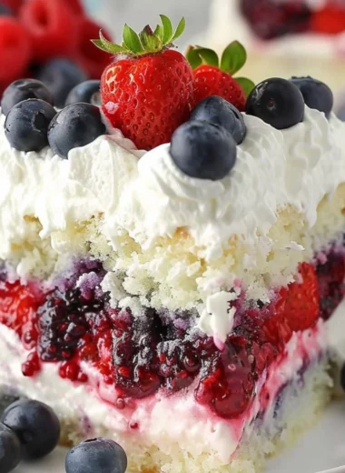 Delicious Summer Berry Poke Cake topped with fresh berries and whipped cream.