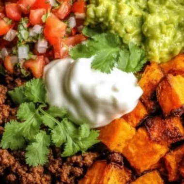 Delicious Sweet Potato Taco Bowl garnished with fresh ingredients