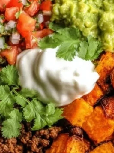 Delicious Sweet Potato Taco Bowl garnished with fresh ingredients