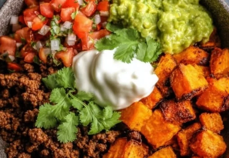 Delicious Sweet Potato Taco Bowl garnished with fresh ingredients