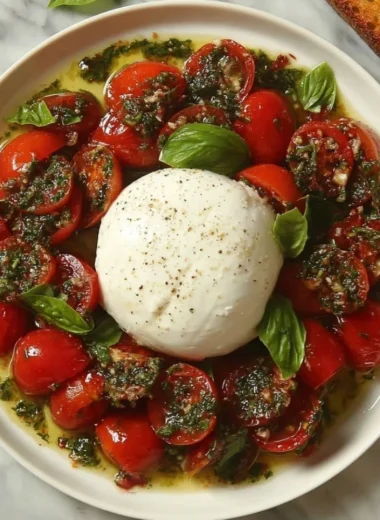 A vibrant Tomato and Burrata Salad garnished with fresh basil and drizzled with balsamic glaze.
