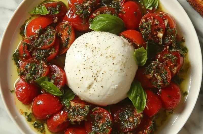 A vibrant Tomato and Burrata Salad garnished with fresh basil and drizzled with balsamic glaze.