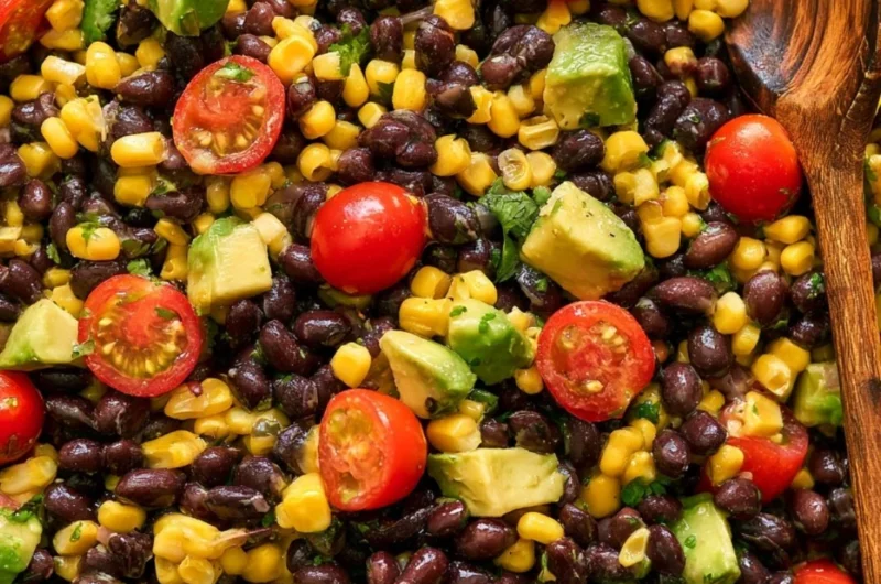 Vegan black bean salad with fresh vegetables and herbs