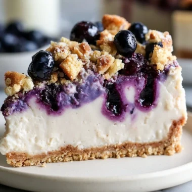 Vegan blueberry crumble cheesecake served on a plate with blueberries
