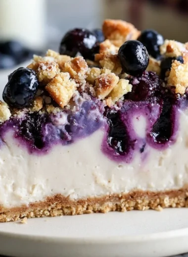 Vegan blueberry crumble cheesecake served on a plate with blueberries