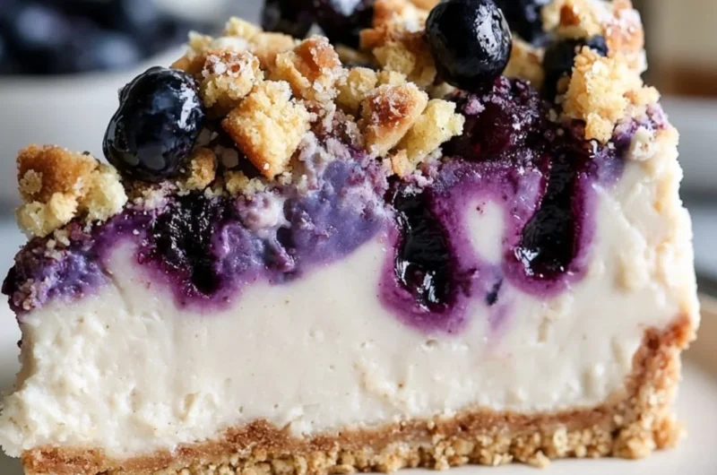 Vegan blueberry crumble cheesecake served on a plate with blueberries