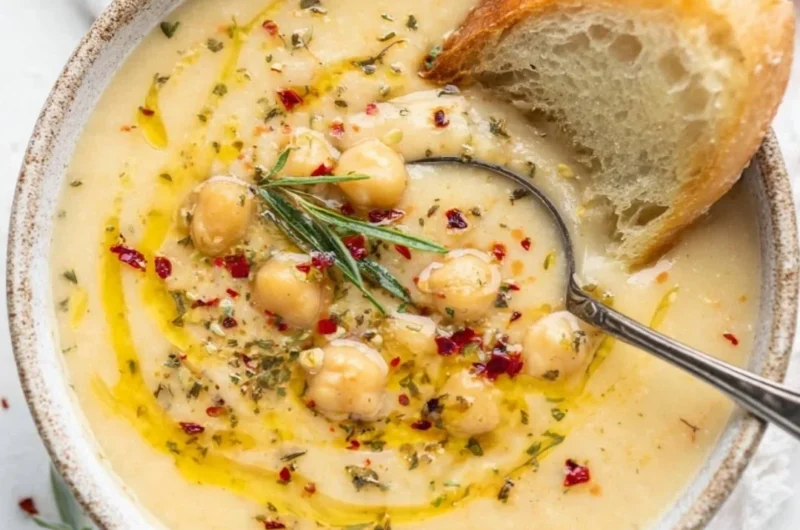 Bowl of Vegan Garlic Chickpea Soup garnished with herbs