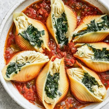 Plate of vegan stuffed shells filled with plant-based ricotta and topped with marinara sauce.