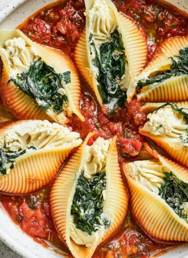 Plate of vegan stuffed shells filled with plant-based ricotta and topped with marinara sauce.