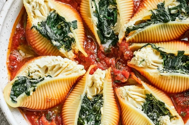 Plate of vegan stuffed shells filled with plant-based ricotta and topped with marinara sauce.