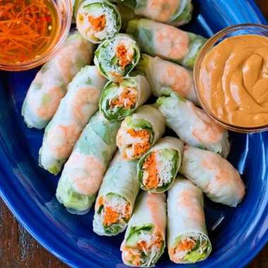 Delicious homemade Vietnamese spring rolls with fresh vegetables and herbs
