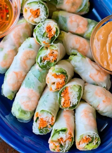 Delicious homemade Vietnamese spring rolls with fresh vegetables and herbs