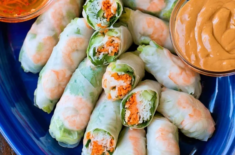 Delicious homemade Vietnamese spring rolls with fresh vegetables and herbs