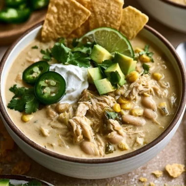 Bowl of creamy white chicken chili with toppings and fresh herbs