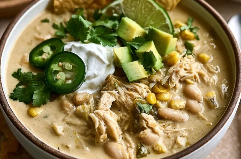 Bowl of creamy white chicken chili with toppings and fresh herbs