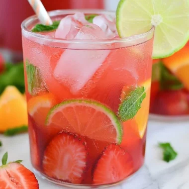 Alcohol-Free Fruity Sangria with colorful fruits in a pitcher