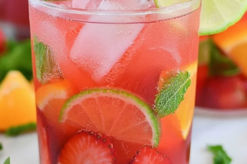 Alcohol-Free Fruity Sangria with colorful fruits in a pitcher
