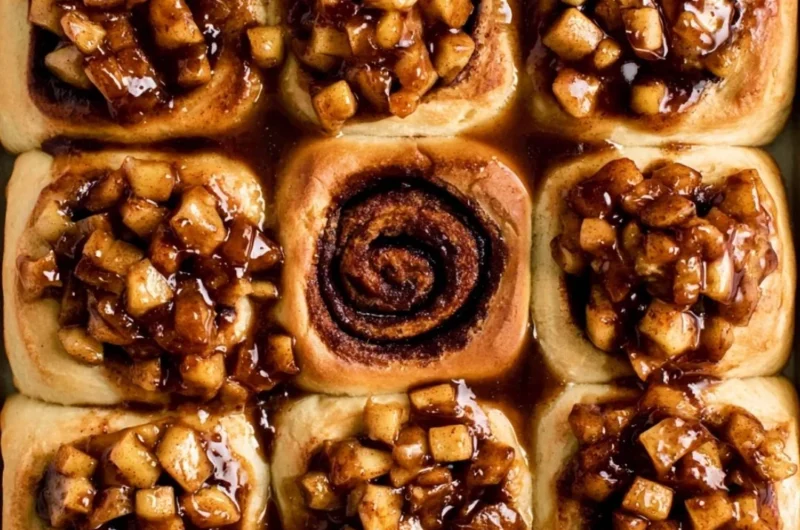 Delicious apple pie cinnamon rolls topped with frosting on a wooden table