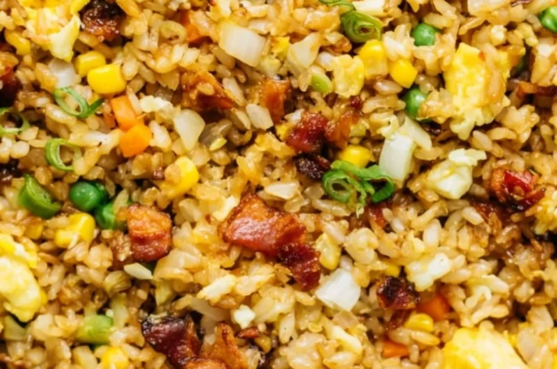 Plate of delicious breakfast fried rice topped with eggs and vegetables