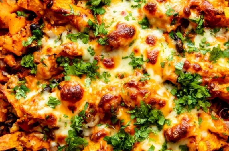 Butternut squash enchilada skillet with black beans and cheese topped