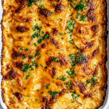 Cozy au gratin potatoes baked with creamy cheese and herbs