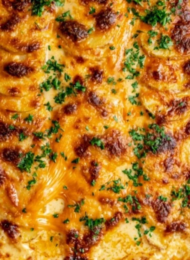 Cozy au gratin potatoes baked with creamy cheese and herbs