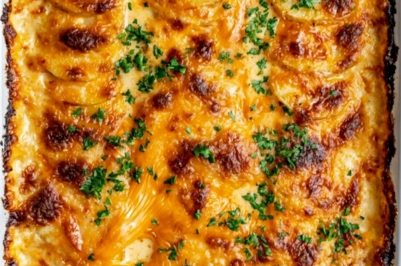 Cozy au gratin potatoes baked with creamy cheese and herbs