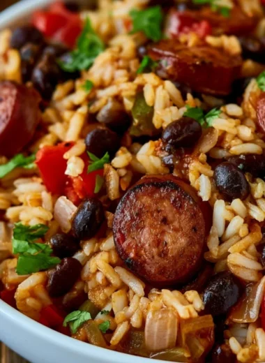 Cozy black beans and rice with sausage in a bowl, garnished with herbs.