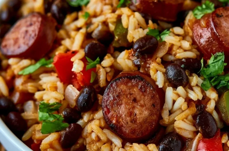 Cozy black beans and rice with sausage in a bowl, garnished with herbs.
