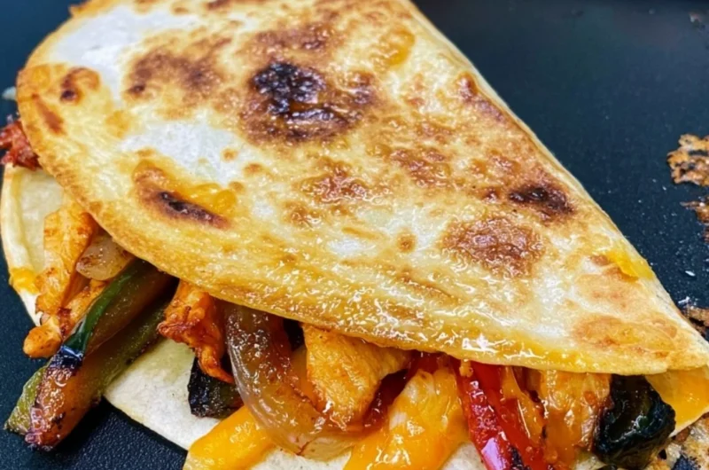 Delicious cozy Blackstone chicken fajita quesadillas on a plate