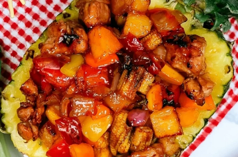 Delicious Blackstone pineapple chicken served with fresh garnishes