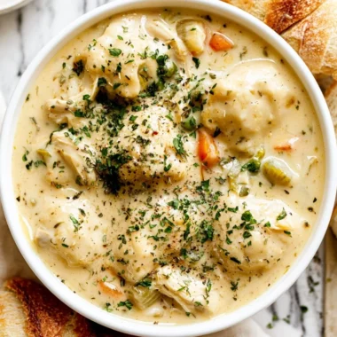 Bowls of cozy chicken dumpling soup with fresh herbs and vegetables