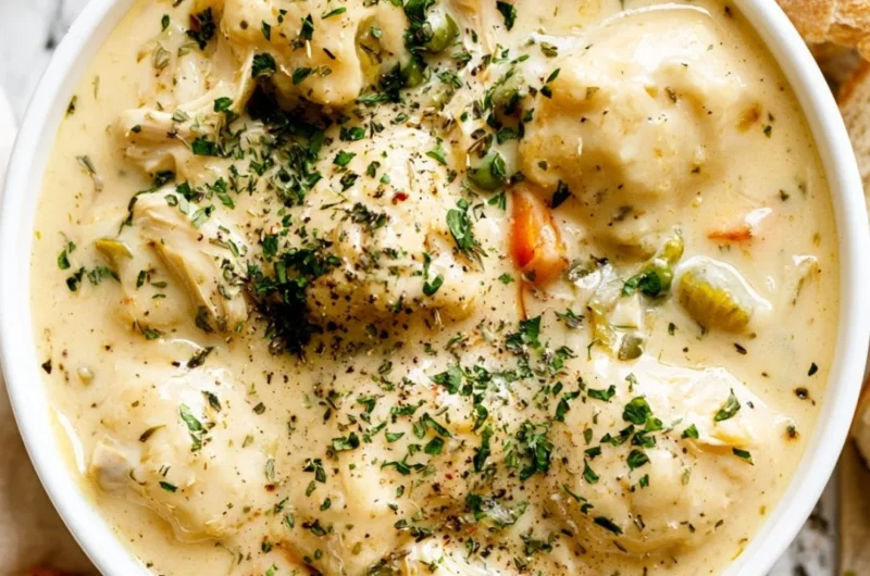 Bowls of cozy chicken dumpling soup with fresh herbs and vegetables