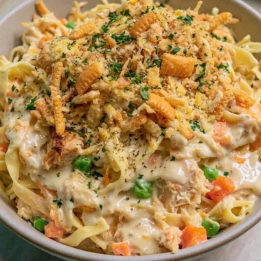 Delicious chicken noodle casserole served in a bowl