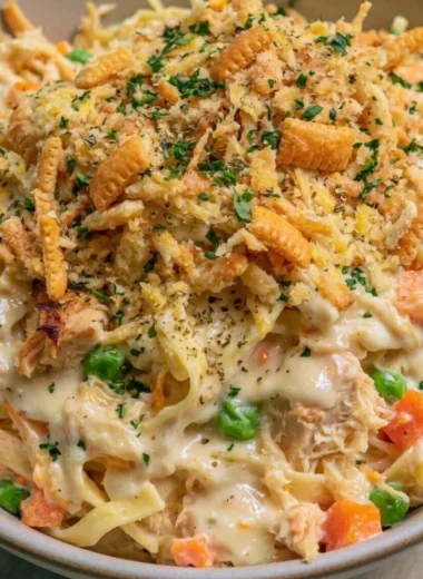 Delicious chicken noodle casserole served in a bowl