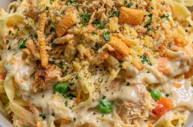 Delicious chicken noodle casserole served in a bowl