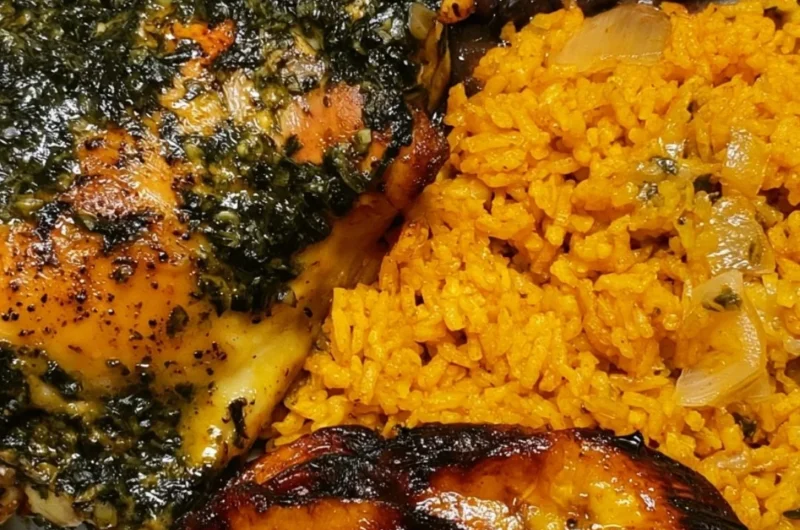 Cozy chicken yellow rice dish garnished with black beans and herbs.