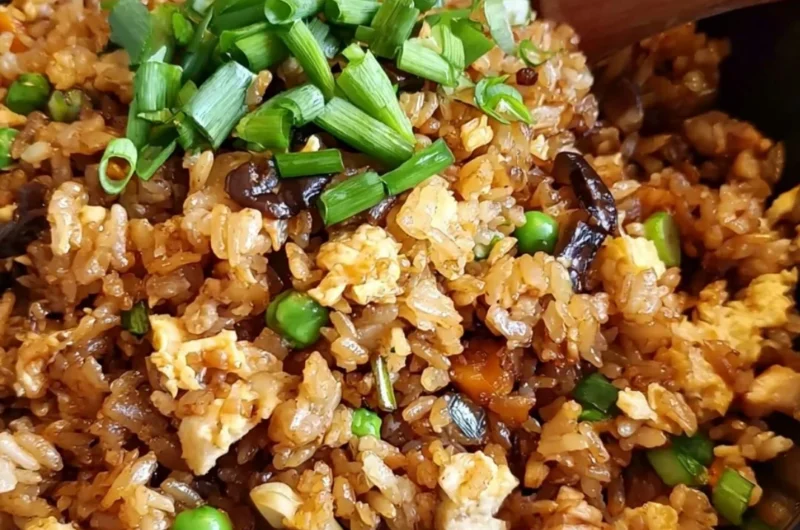 Delicious bowl of Cozy Chinese Egg Fried Rice topped with green onions.