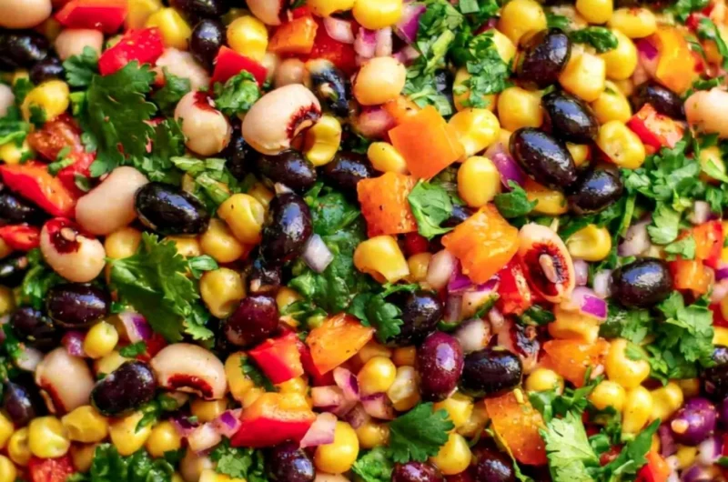 A bowl of cozy cowboy caviar filled with colorful vegetables and beans