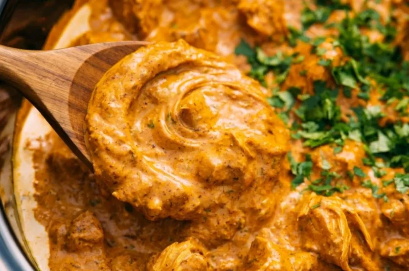 Delicious Cozy Crockpot Butter Chicken served in a bowl with rice