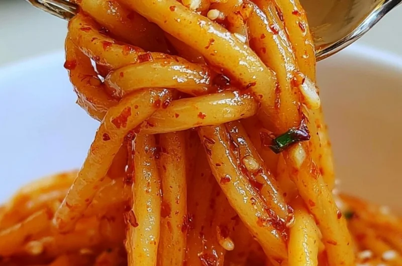 Bowl of cozy garlic chili oil noodles garnished with fresh herbs and peppers.