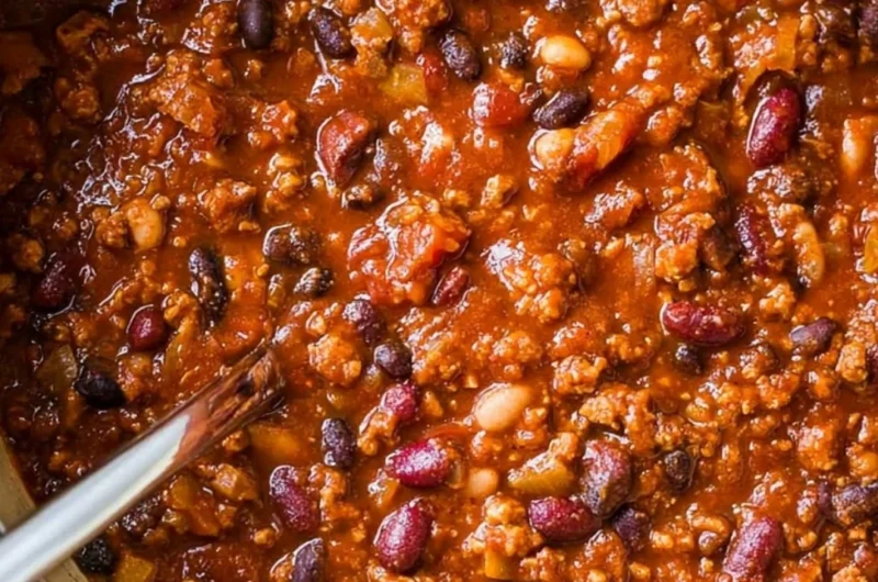 A bowl of cozy ground turkey chili garnished with fresh herbs and served with bread.